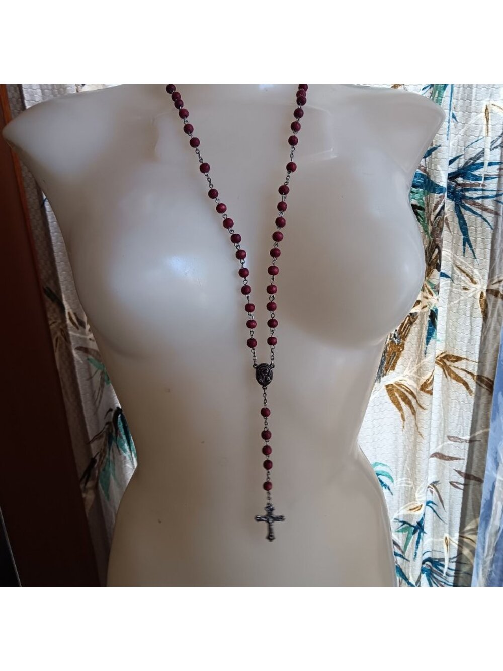 Terra Jerusalem Wooden Bead Rosary Necklace With Metal Cross & Madonna Accent